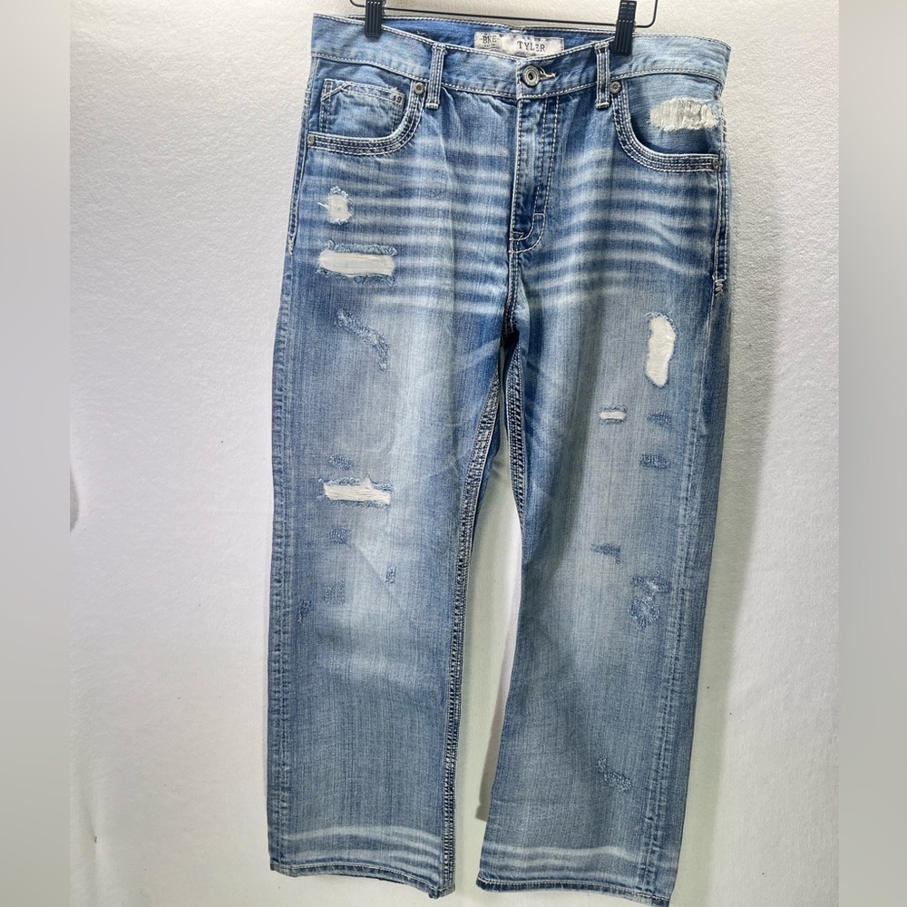 BKE‎ Buckle Tyler Straight Leg Jeans Mens 33S Short Blue Denim Distressed 1938